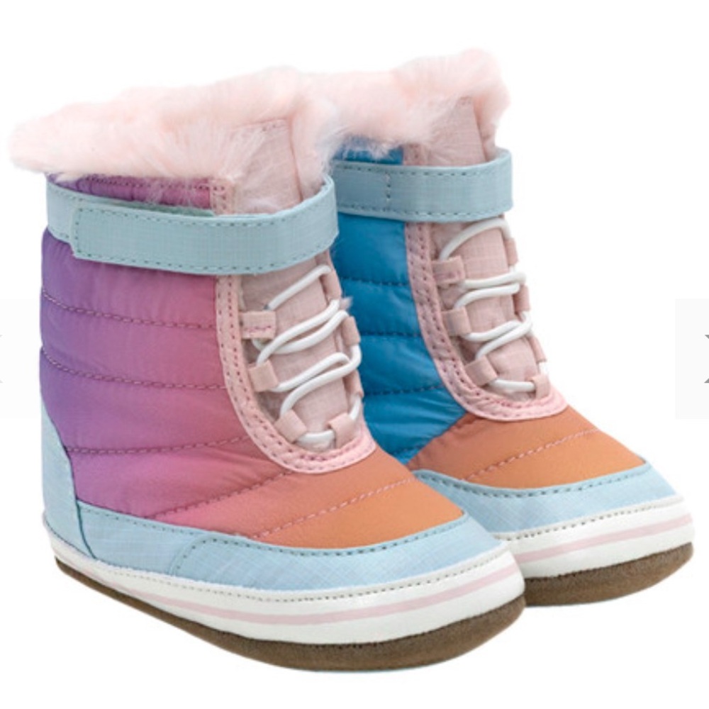 9-12M🩵🩷 NWT Robeez Sun Valley Boots Rainbow Multi Faux Fur Winter Shoes